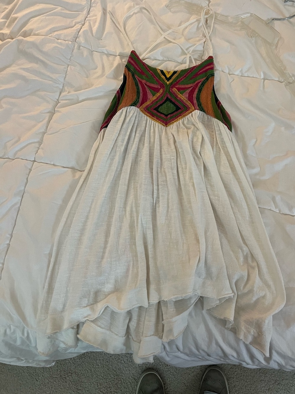Free People White Tank with Multicolor Embroidered Bodice
